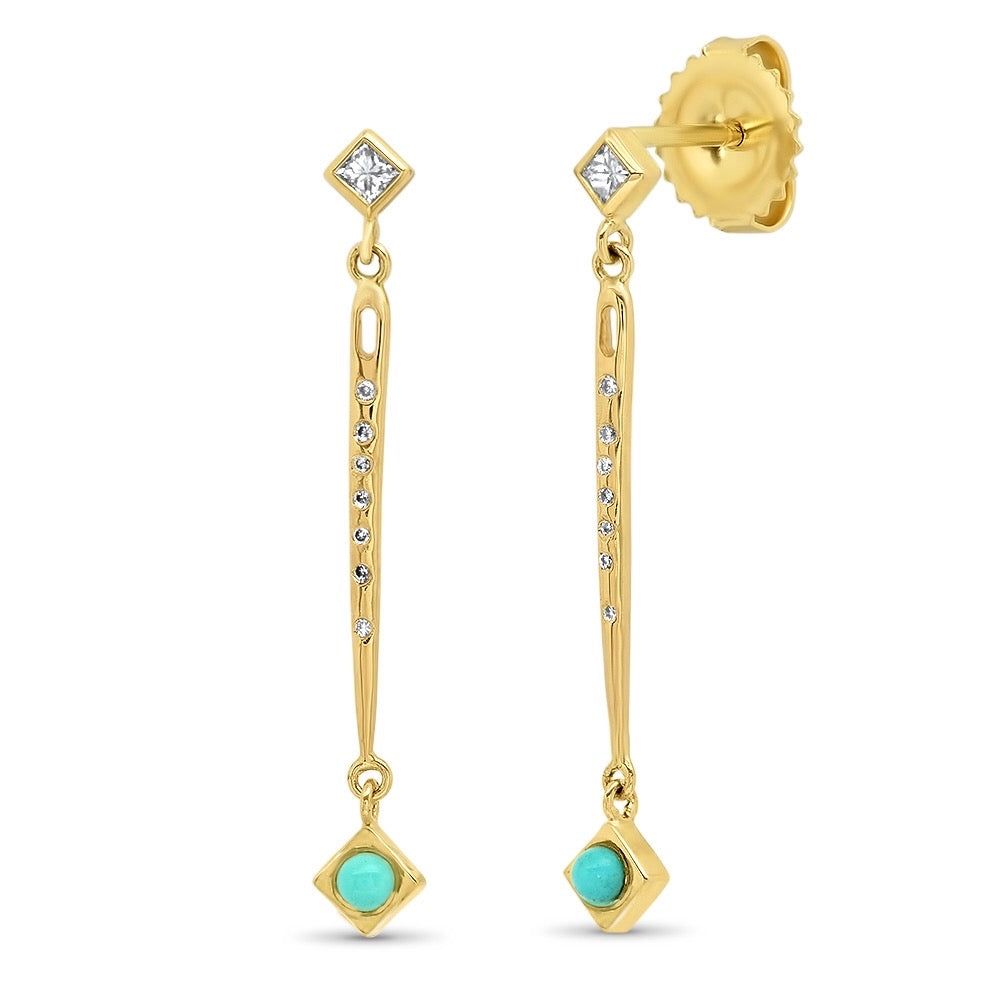 Diamond Golden Needle Earrings with Sleeping Beauty Turquoise
