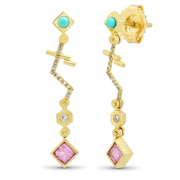 Step by Step Sleeping Beauty Turquoise, Pink Sapphire, and Diamond Earrings